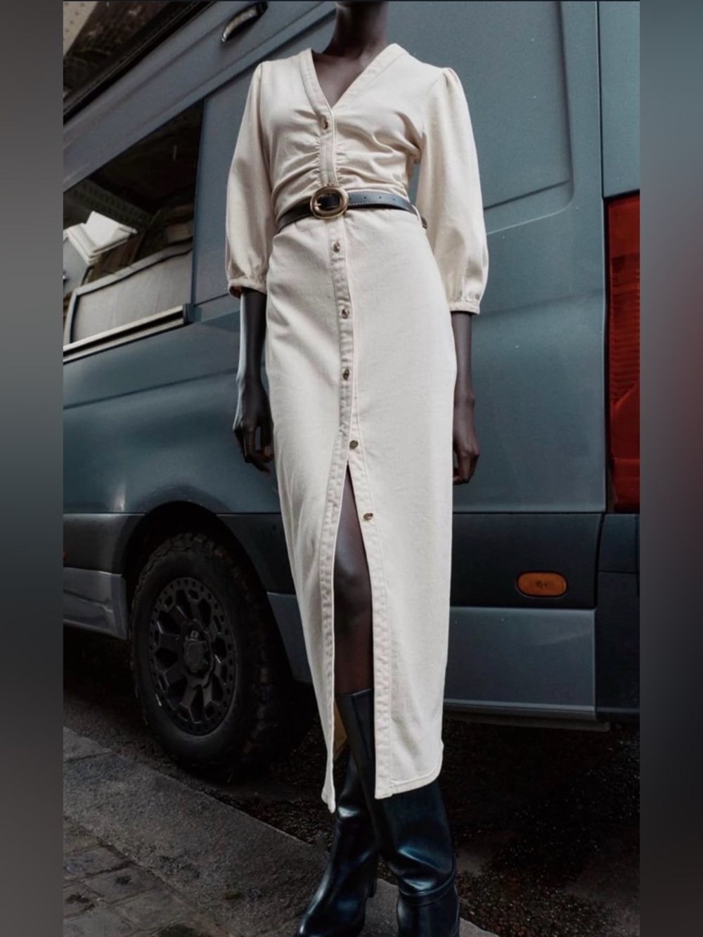 Zara Cream Button-Front Maxi Dress with Puff Sleeves - Picture 5 of 7